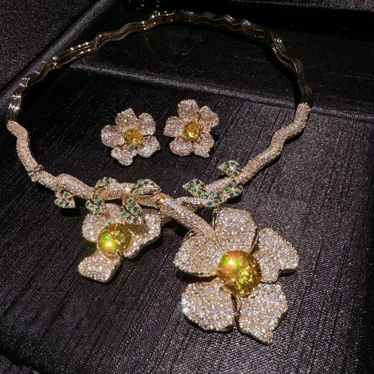 Retro blooming gemstone vine necklace 18K gold zircon earrings set