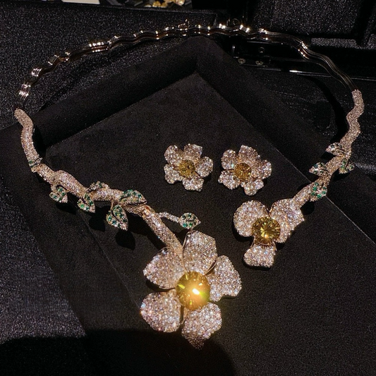 Retro blooming gemstone vine necklace 18K gold zircon earrings set